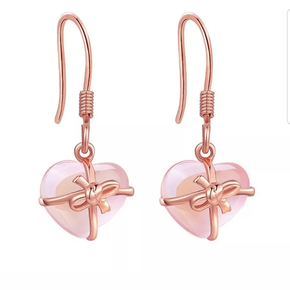 Beautiful Natural Rose Quartz Heart & Bow Earrings - Picture 3 of 4